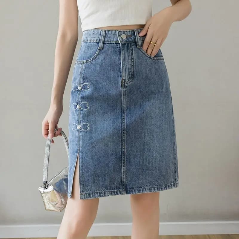 Jupes en jean pour femmes bleu aux genoux longueur avec fente taille haute femme jupe en jean pas ch