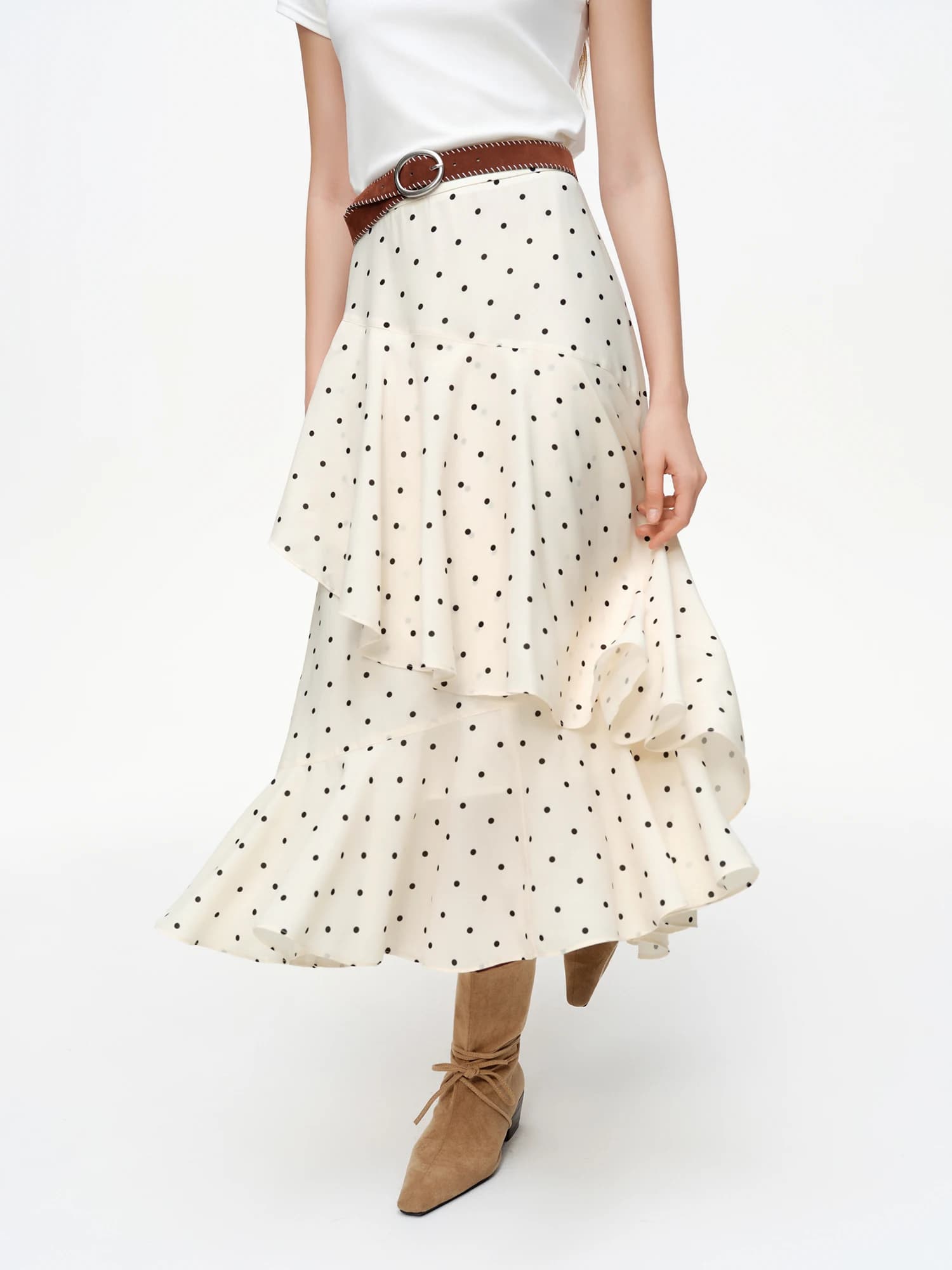 DUSHU 【Valse à pois】Jupe midi à ourlet irrégulier à volants pour femme, collection de jupes printemp