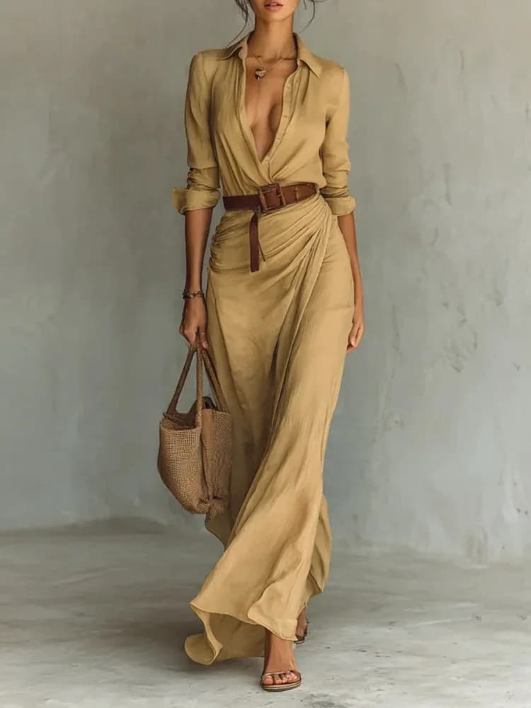 Robe longue ajourée, Sexy, décolleté en V profond, élégante, couleur unie, ceinturée, irrégulière, m