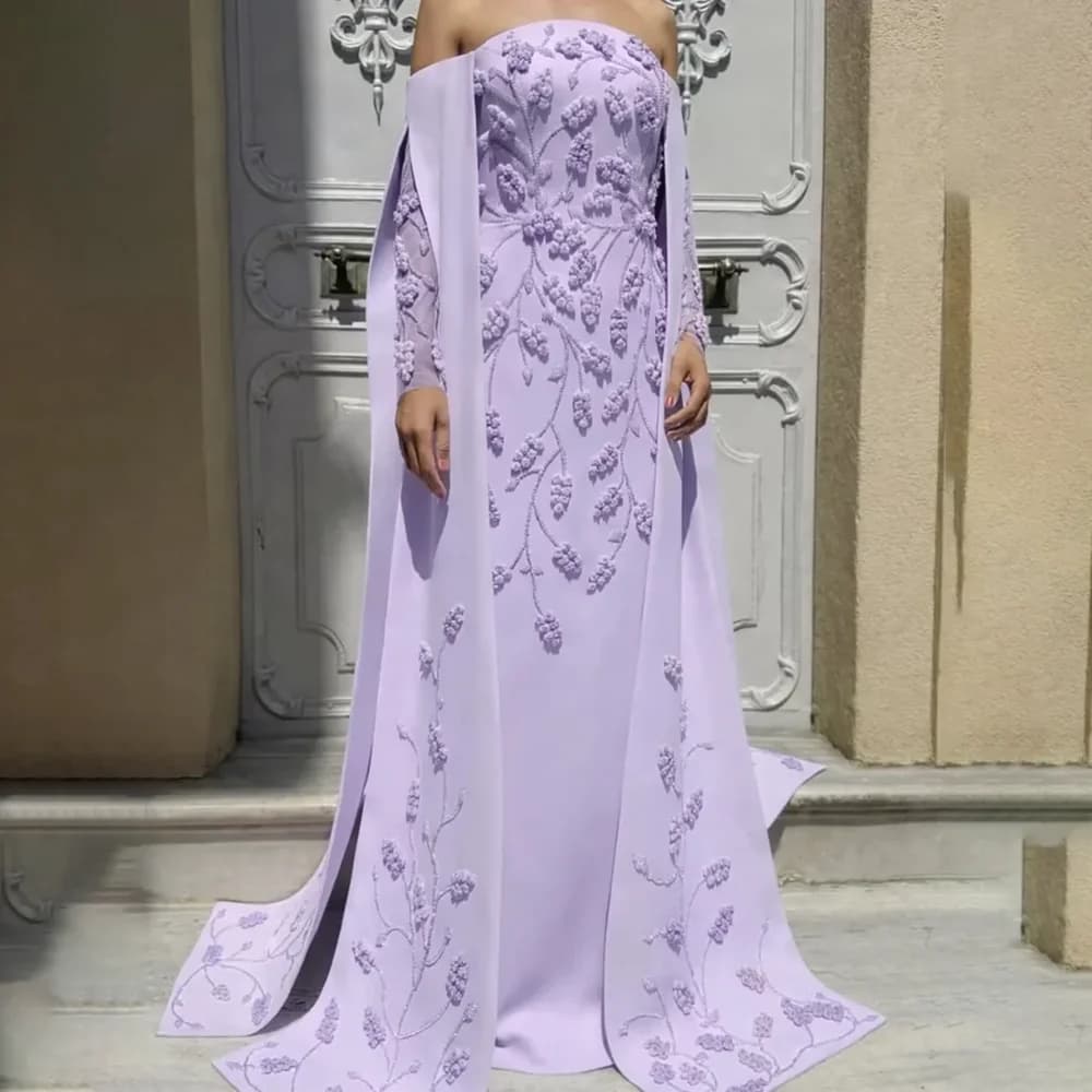Robe de soirée élégante en jersey à manches longues, style A, avec applications lilas, robe de soiré