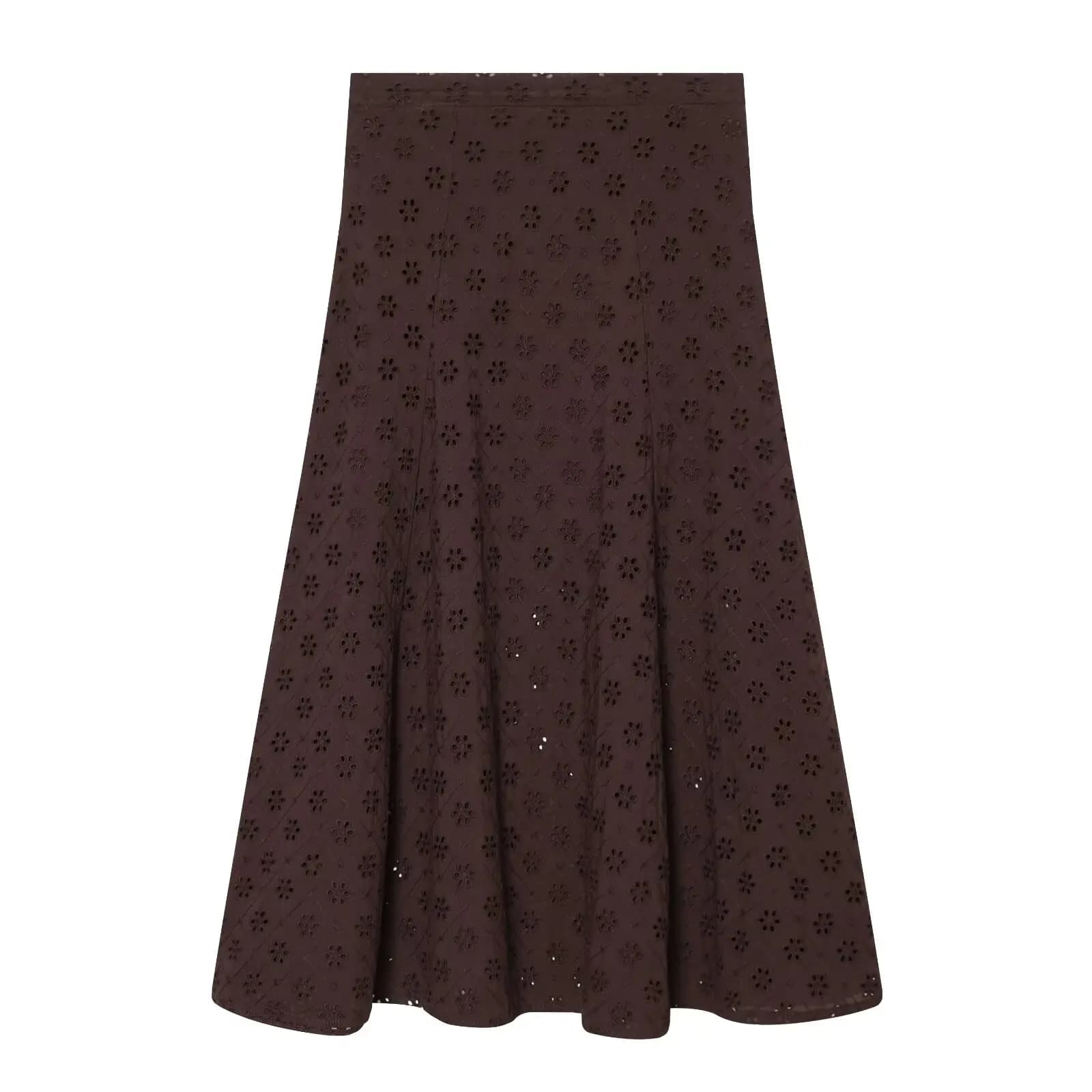 YENKYE Nouvelle jupe midi marron brodée ajourée pour femme 2026, décontractée, taille haute, coupe t