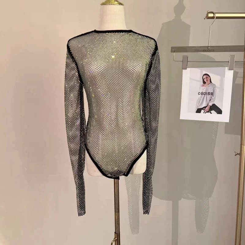 Body transparent en résille avec strass brillants pour femmes, body Sexy en maille à la mode