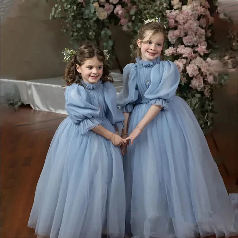 Robe de princesse bleue pour filles, à la mode, à manches longues, pour fête d'anniversaire, concour