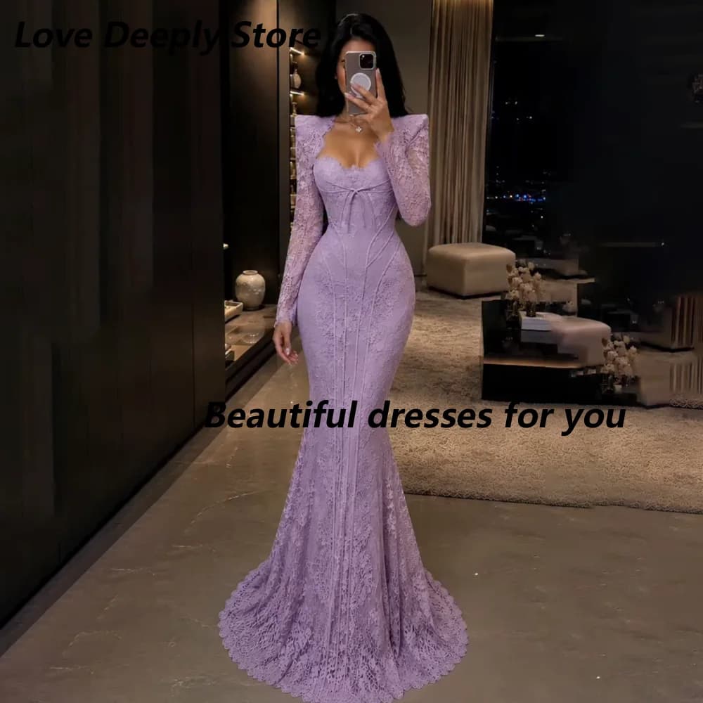 Robe de soirée personnalisée en dentelle lilas, élégante, col cœur, manches longues, coupe sirène, l