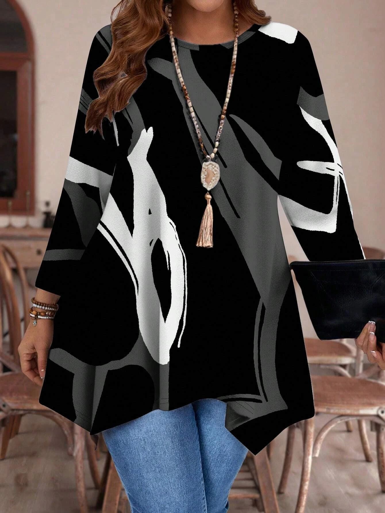 Haut tunique grande taille à manches longues imprimé abstrait pour femme avec ourlet asymétrique