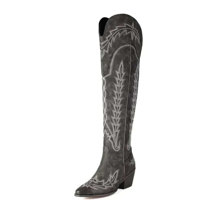 Bottes longues à talons épais pour femmes, fil à broder de voiture, gris, marron, mode européenne et