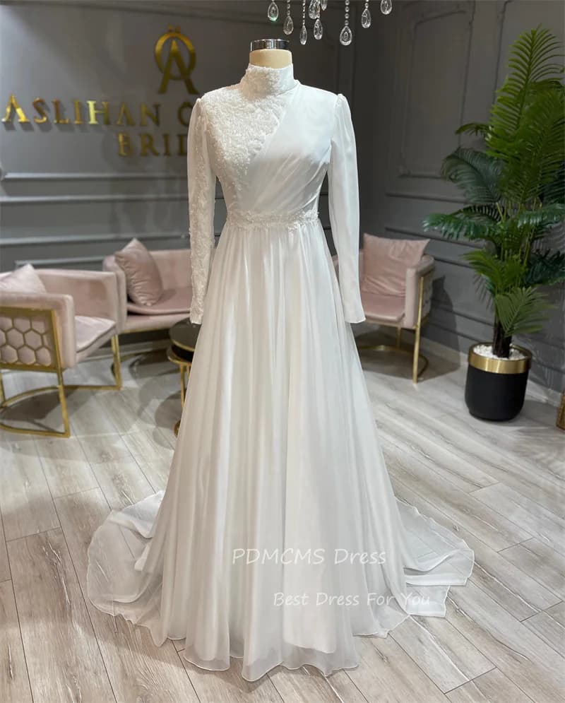 Robe de Mariée Musulmane Élégante à Manches sulf, Col Haut, Ligne A, en Mousseline de Soie, pour Pat