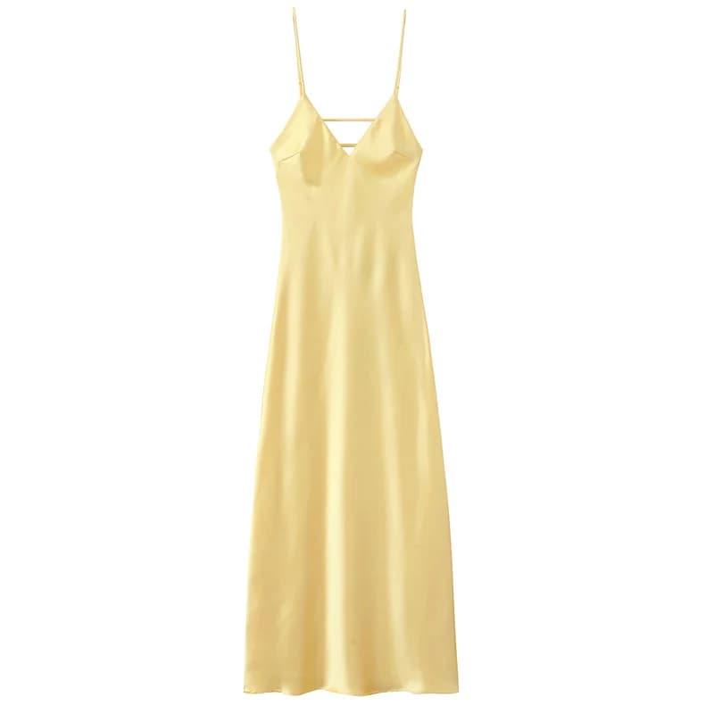 HXAO robes jaunes femmes Satin col en V robe mi-longue été dos nu sangle robes de soirée élégante ro