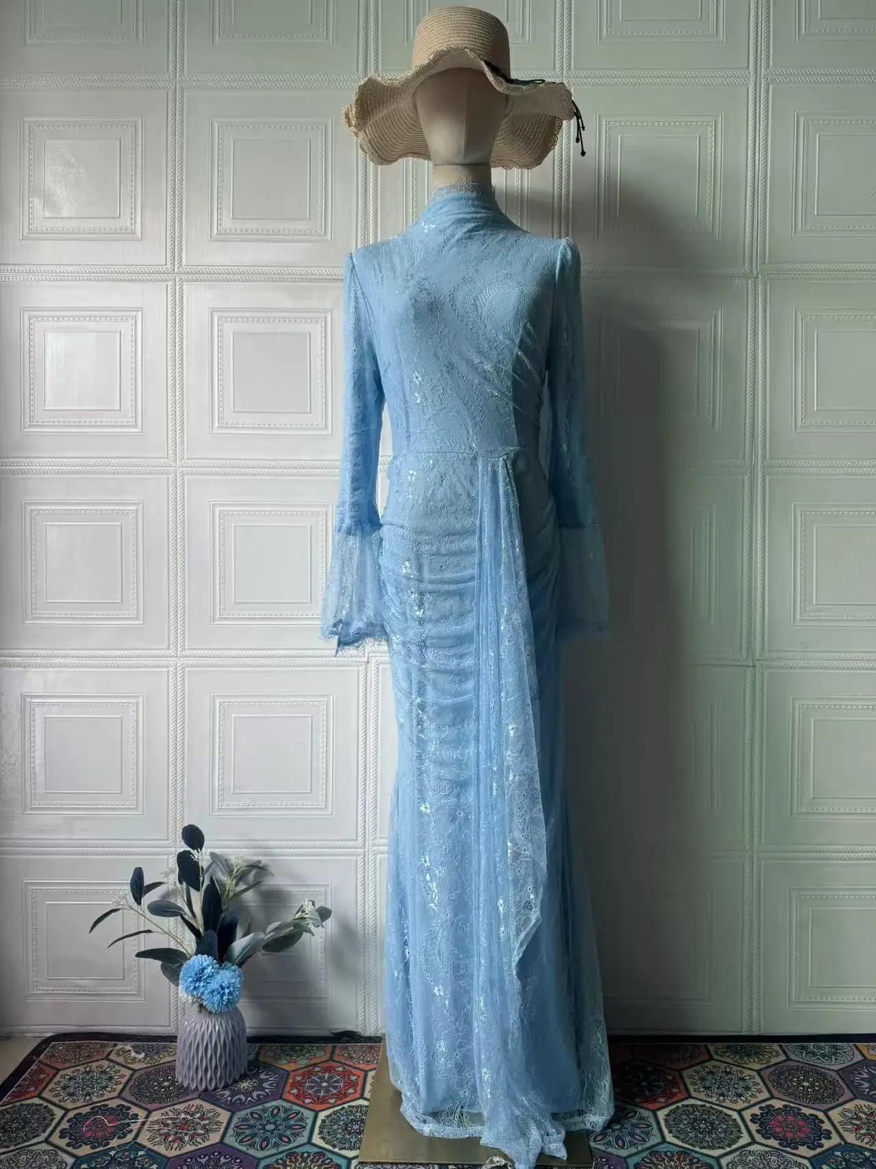 Mode col roulé manches longues mince robe de soirée femmes Sexy soirée longues robes élégante dentel
