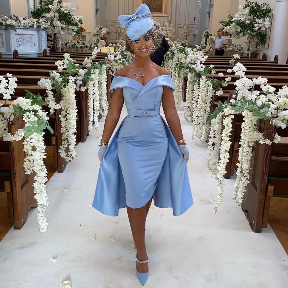 Robes de cocktail bleu ciel personnalisées pour mariage, robe de soirée formelle à épaules dénudées,