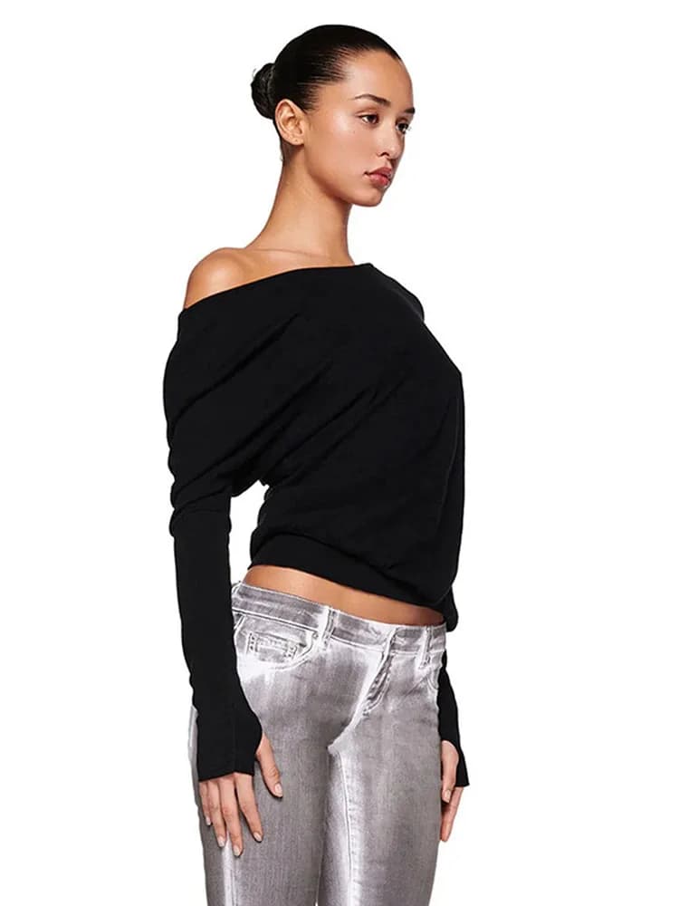 Sexy élégant manches longues haut irrégulier une épaule haut pour femme t-shirt fête d'anniversaire