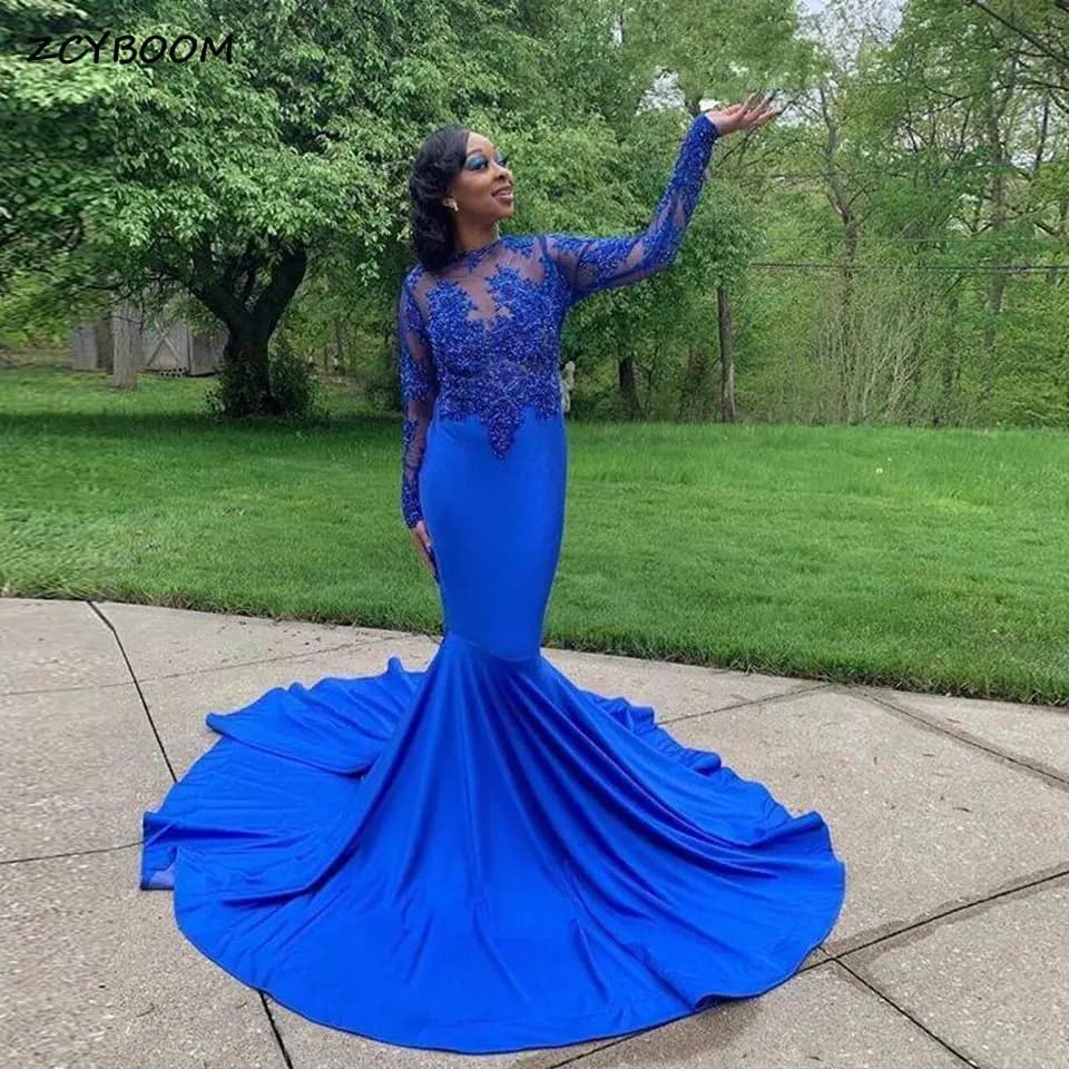 Robes de Soirée Formelles Longues Sirène Bleu Royal Élégantes à Manches Longues 2026 avec Appliques