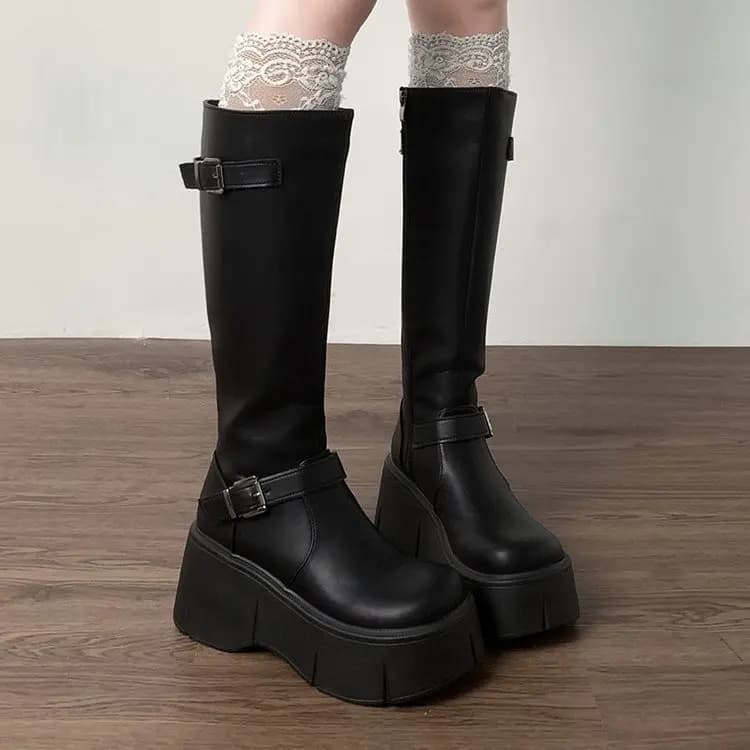 Bottes à tube long pour femmes, bottes de chevalier noires rétro françaises à semelles épaisses, nou
