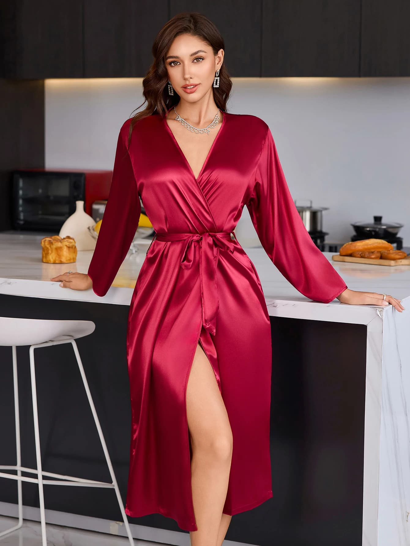 Robe élégante à manches longues pour femmes, col en V, robe de chambre décontractée et confortable,