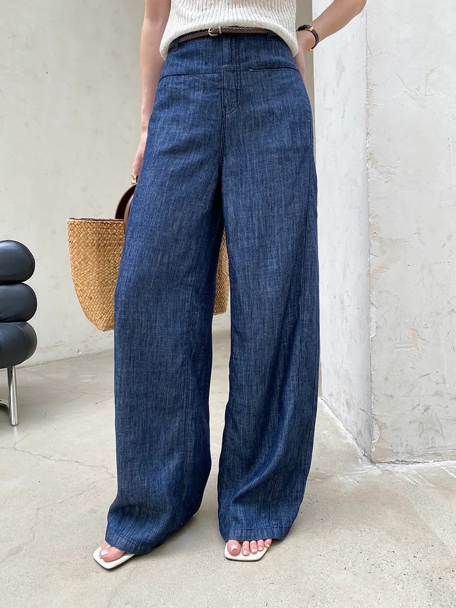 Jean droit taille haute amincissant pour femme, couleur unie, coupe décontractée, idéal pour l'été
