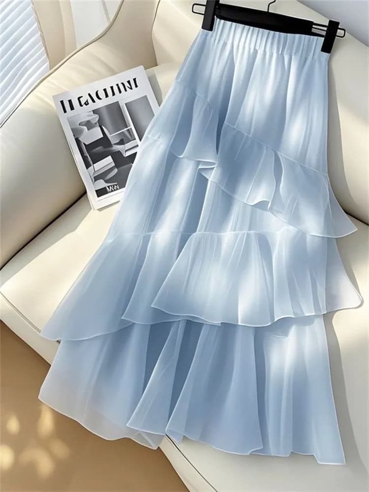 2025 printemps été femme nouveau Design belle jupe gâteau taille haute jupe en mousseline de soie bl