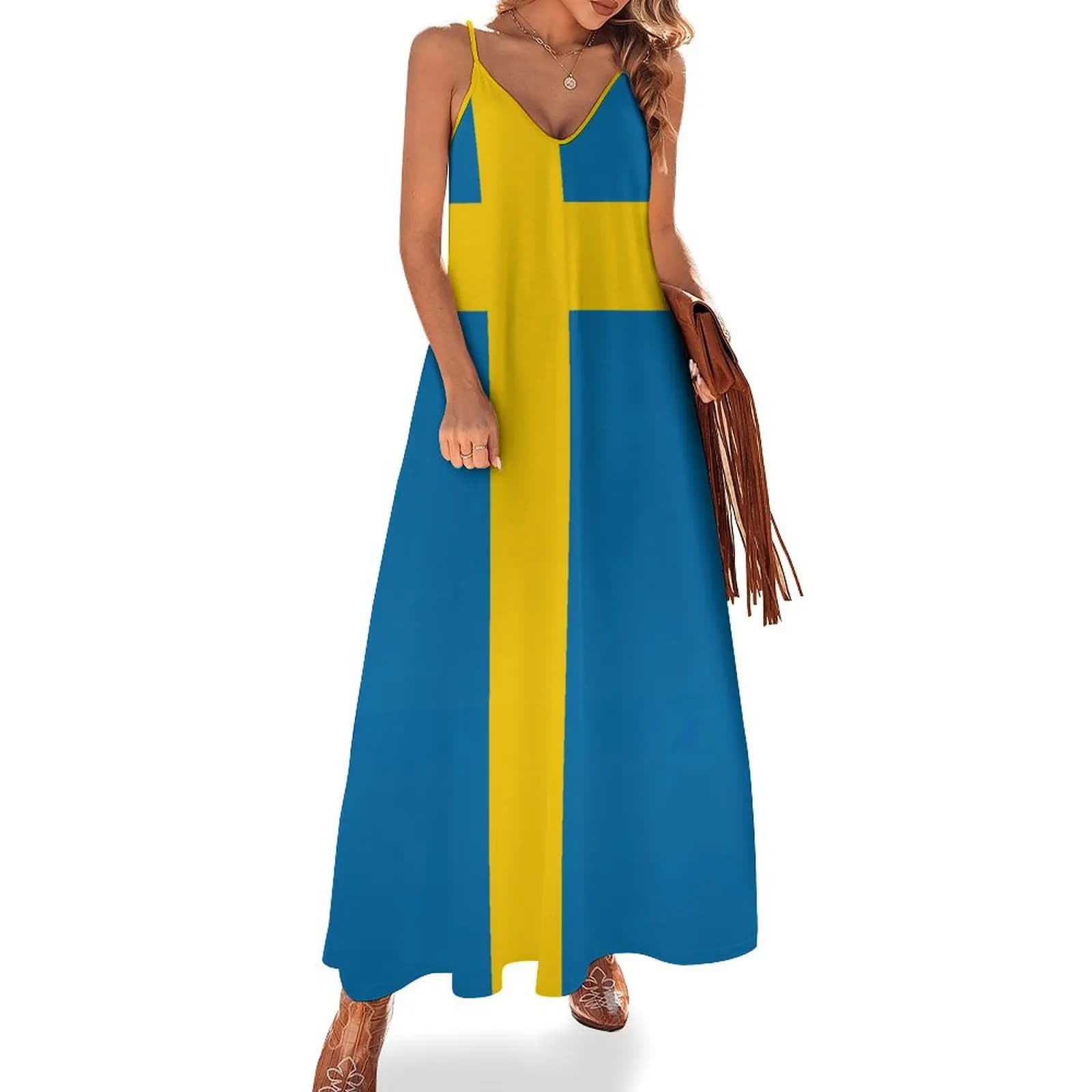 Robes longues robe suède drapeau imprimé nouveau décontracté sans manches femmes col en v robe impri