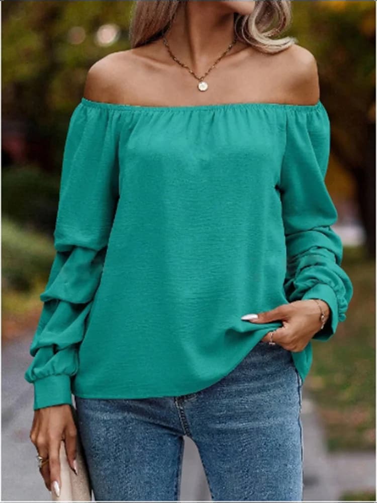 T-Shirt à manches longues pour femmes, Sexy, couleur unie, épaules dénudées, manches pliantes, éléga