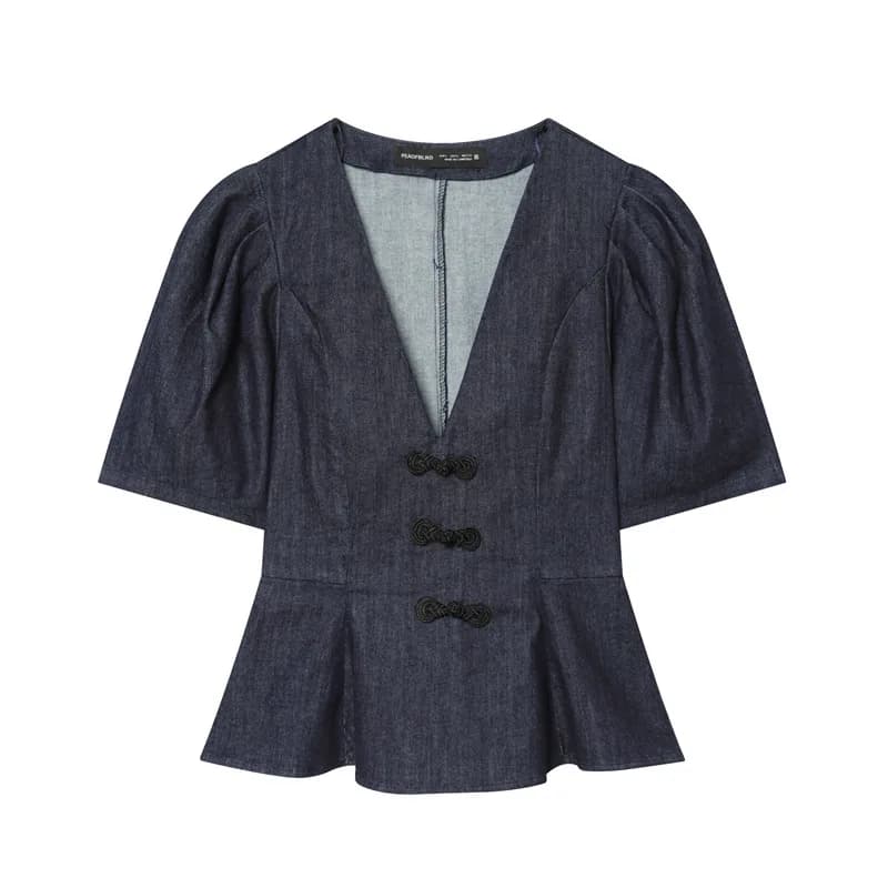 Haut d'été à nœud en corde, style jupe courte, en tissu denim coloré à motifs, manches courtes, col