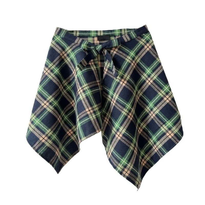 Jupe tablier à carreaux Vintage, cravate à taille, jupe portefeuille irrégulière