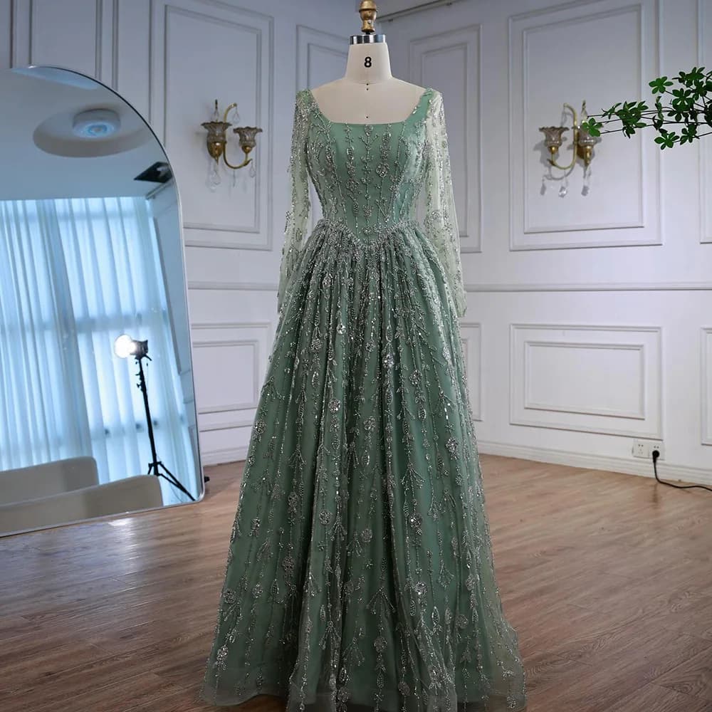 Robe de soirée de luxe arabe vert sauge, perles, manches longues, à lacets, robe formelle, Serene Hi