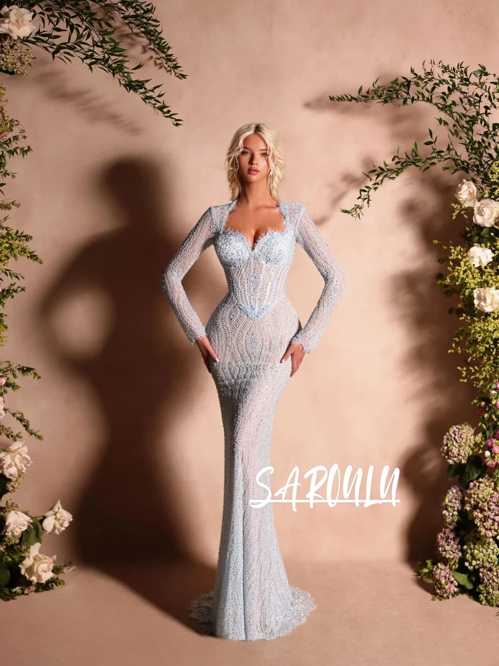 Robe de soirée bleu clair perlée pour femmes, robe de bal longue sirène élégante à col cœur, pour co