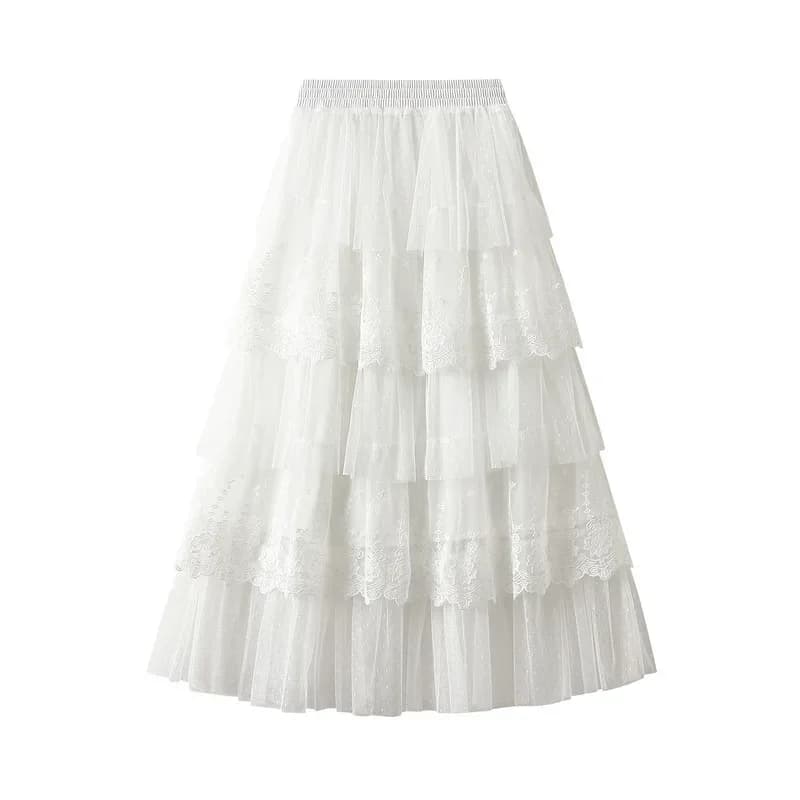 Élégante jupe longue en mousseline patchwork de dentelle, nouvelle jupe plissée taille haute en mail