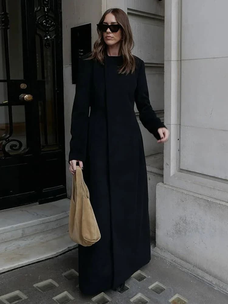 Manteau Long en laine à col rond pour femme, élégant, manches longues, cintré à la taille, veste cha