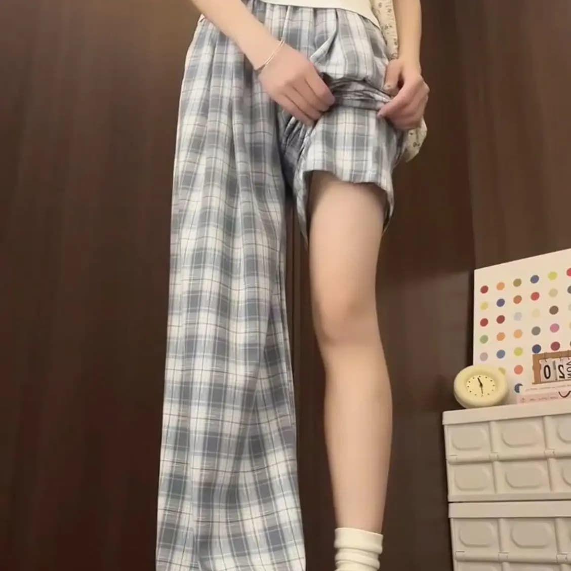 Pantalon à jambes larges à carreaux fins pour femmes, ample, taille haute, drapé, amincissant, droit