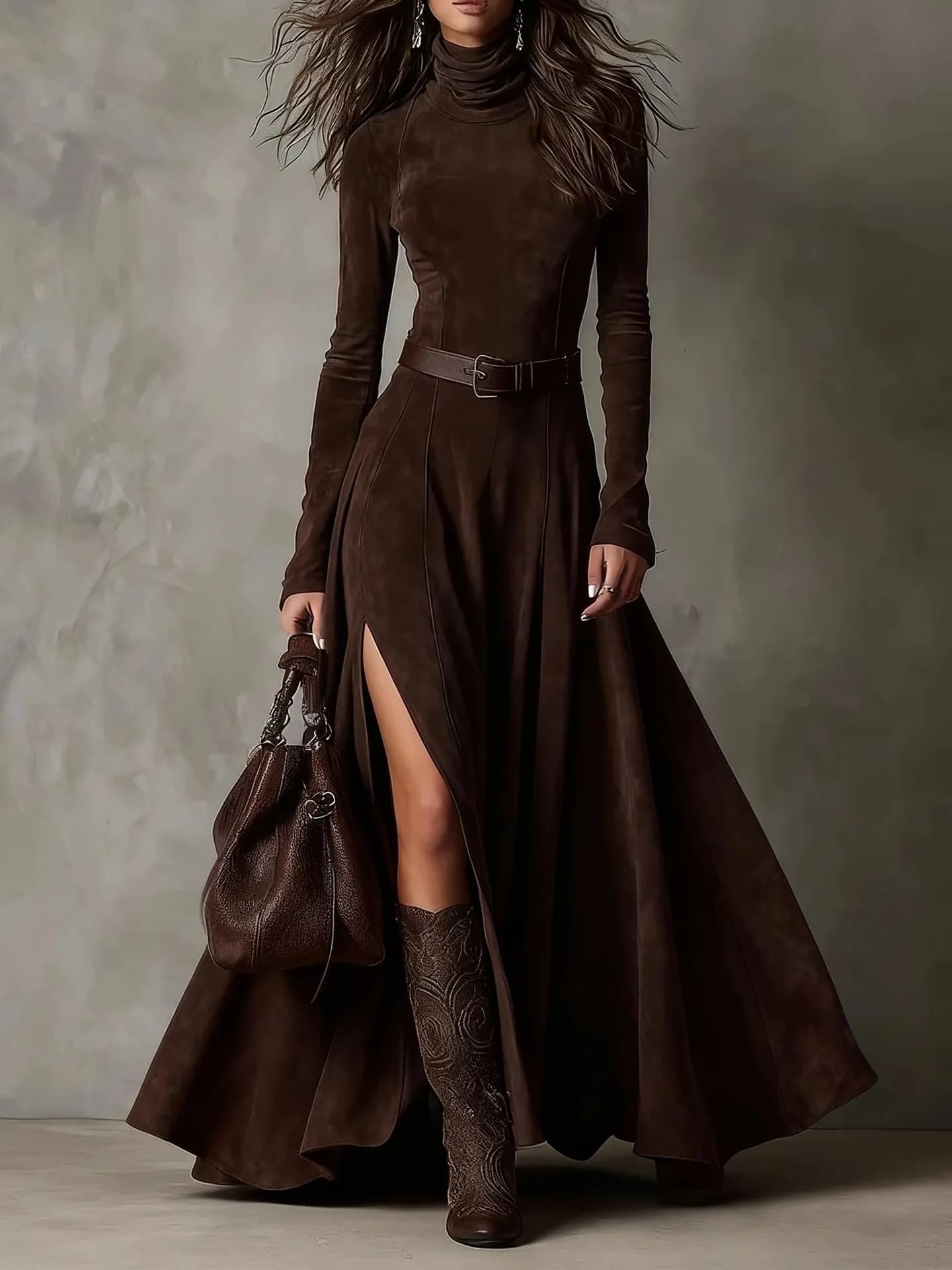 Robe élégante à manches longues et col montant pour femme, nouvelle collection 2026
