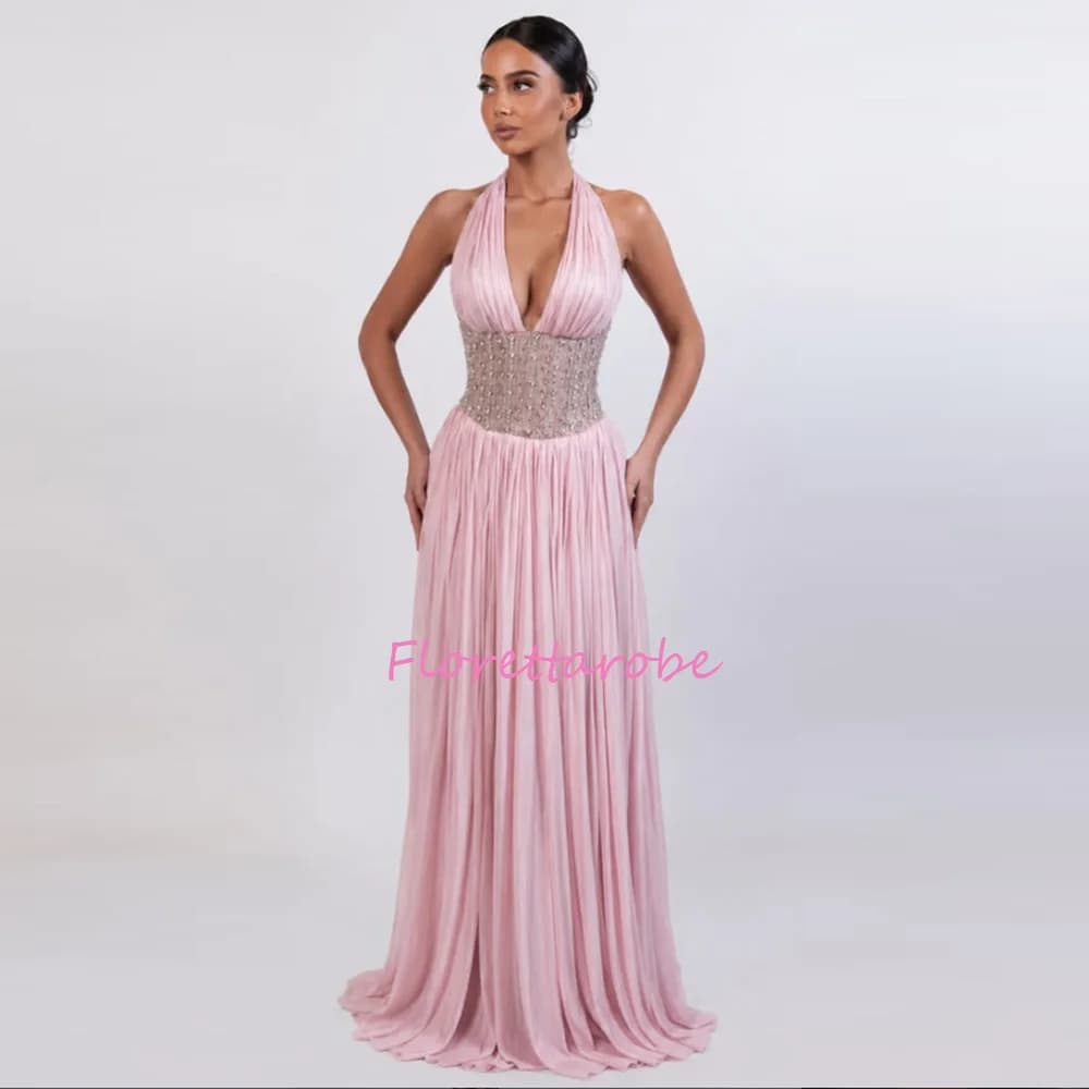 Robes de soirée A-Line à col halter, plissées, col en V, avec appliques perlées, rose, longues, pers