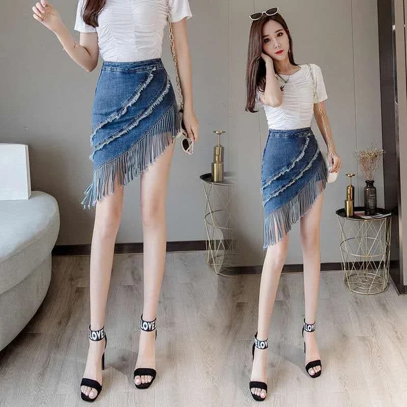 Frange Gyaru courte bleu Wrap femmes jupe en jean serré Coquette Mini Sexy femme jean jupes taille h