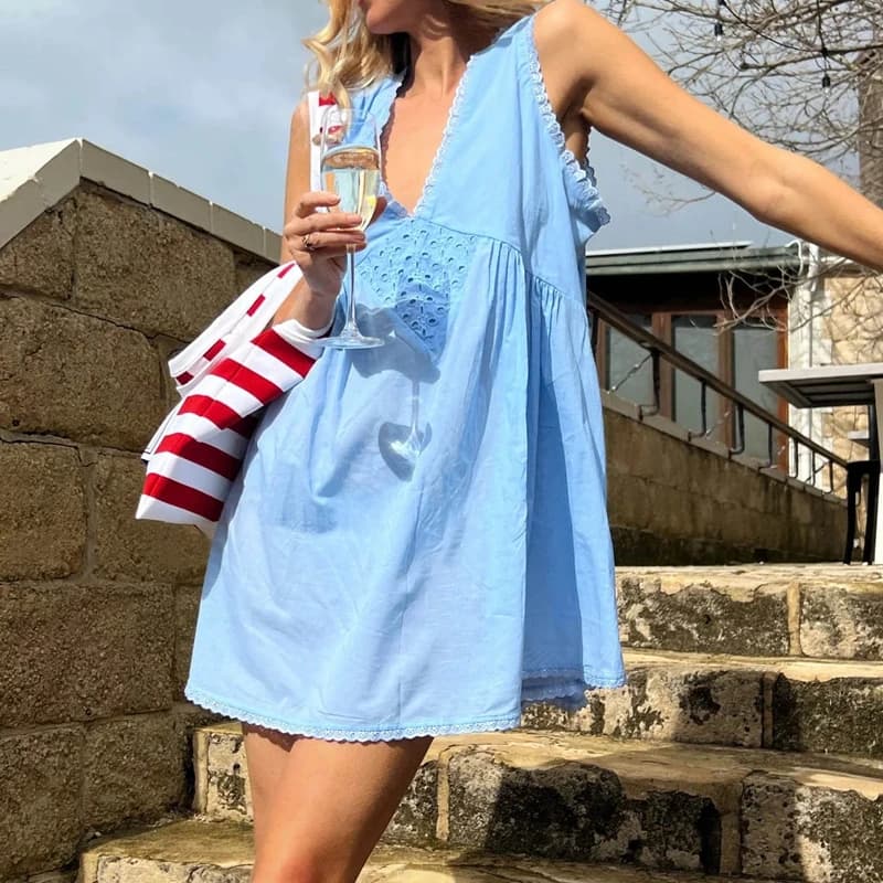 Robe longue en dentelle pour femmes, col en V, style Boho, fluide, ample, Vintage, Y2K, esthétique,