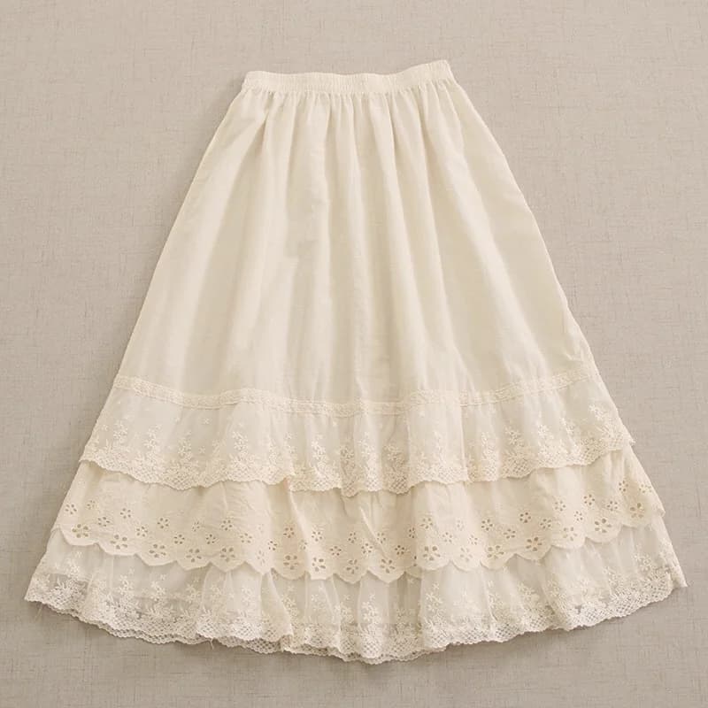 Mori Kei dentelle jupe longue femmes Vintage mignon taille haute ample Fairycore dentelle Patchwork