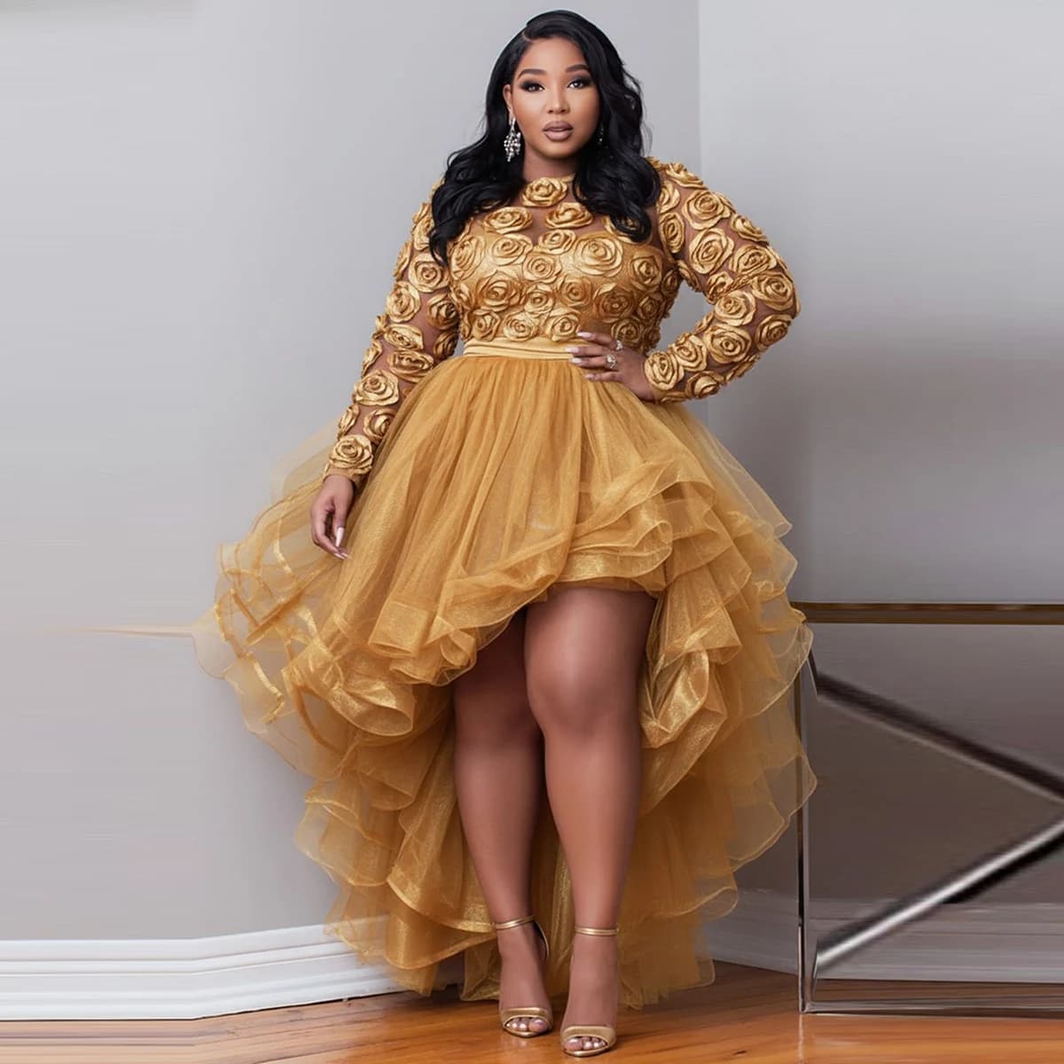 Jupe Tutu bouffante en Tulle doré pour femmes, taille haute et basse, taille élastique, pour fête d'