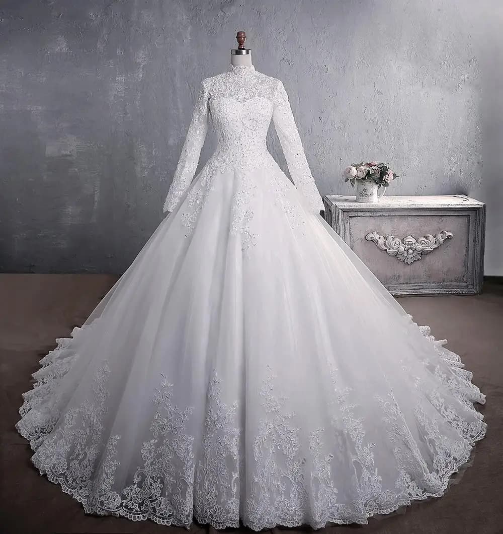 Robe De mariée De luxe à manches longues, col haut, classique, fermeture éclair au dos, grande taill