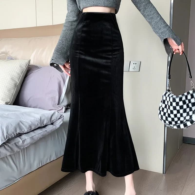 Jupes longues en velours noir élégantes pour femmes 2026, décontractées, taille haute, faldas sexy m