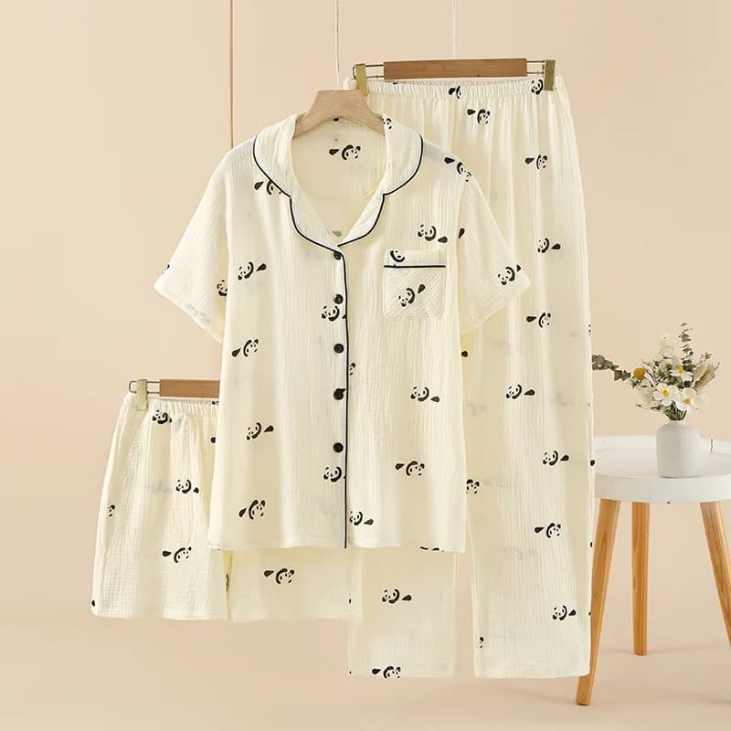 Ensemble pyjama trois pièces en gaze de coton pour femme, imprimé, à manches courtes et pantalon cou