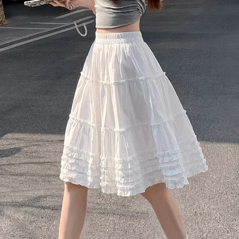 Jupe trapèze blanche pour femme, style décontracté et chic, taille haute, coupe ample, avec volants,