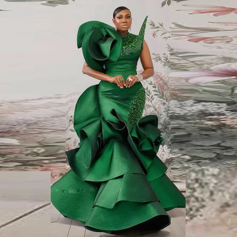 Robe de Soirée en Satin Vert à Volants, Tenue de Bal de Forme Sirène à Paillettes, Longueur au Sol,