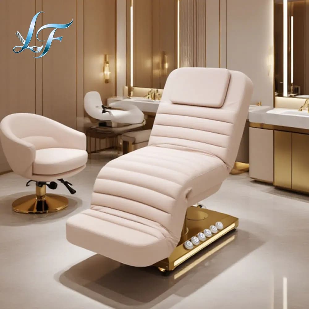 Fauteuil Esthétique Rose Professionnel Électrique en Similicuir pour Soins du Visage, Lit de Spa Cos