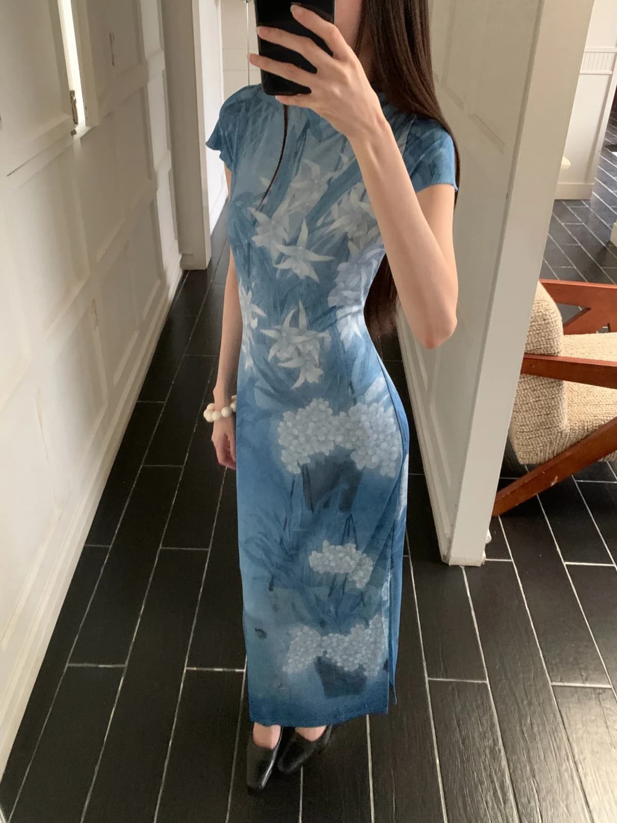 CHEERART – robe longue en maille bleue à fleurs d'orchidée, style rétro, pour femmes, robe mi-longue