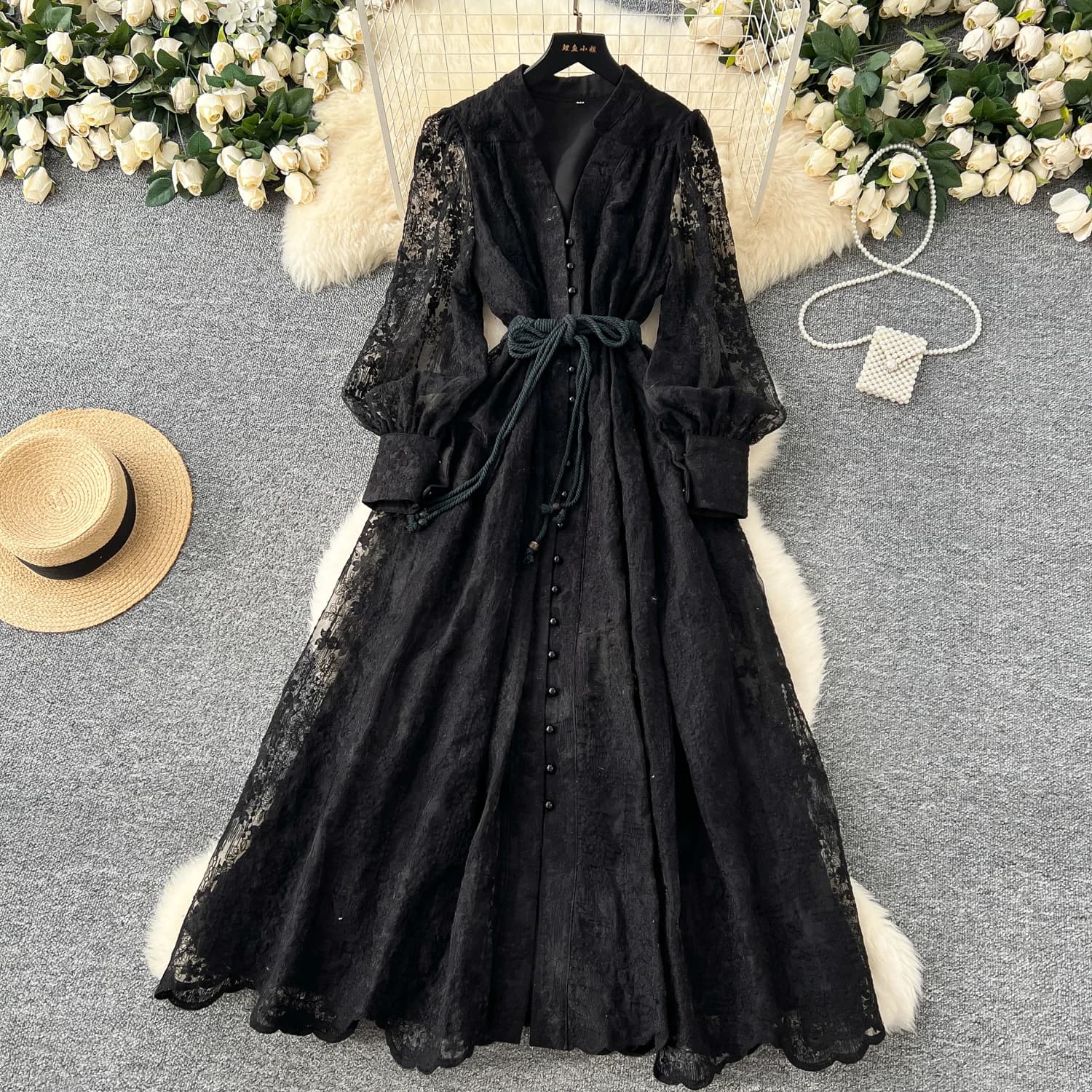 Luxe élégant Vintage broderie florale longue robe femmes printemps été à manches longues simple bout