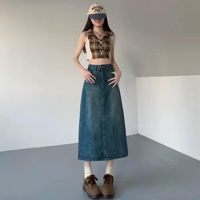 Jupe en jean asymétrique mi-longue taille haute pour femme, coupe trapèze amincissante, noire et gri