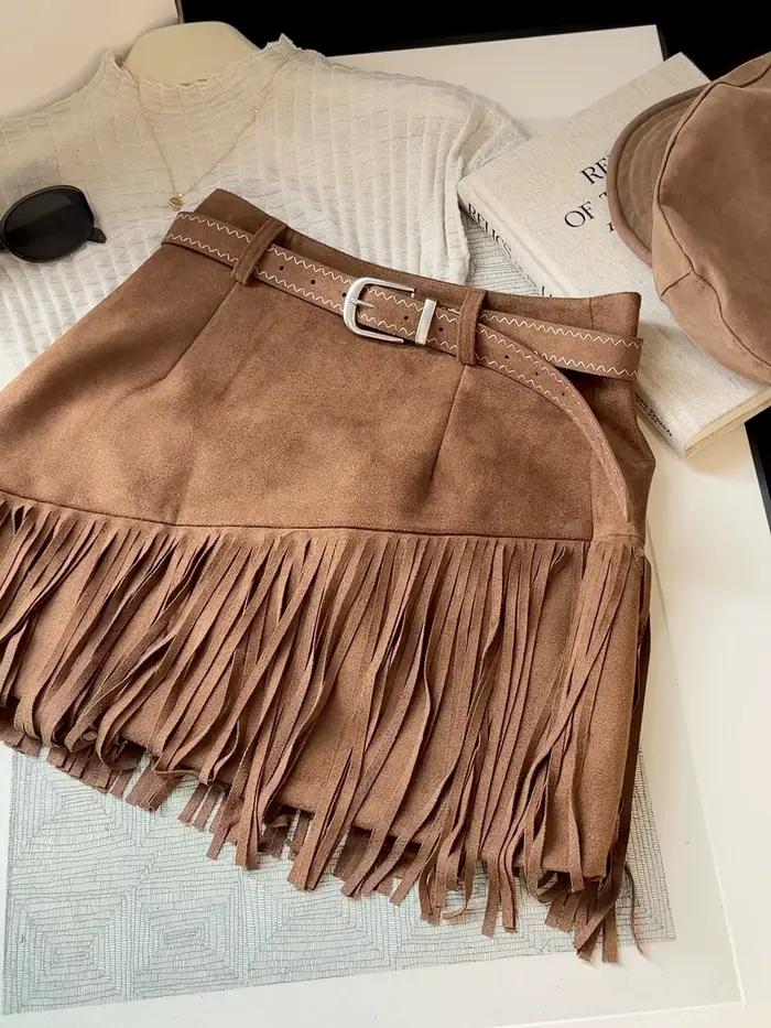 Jupe en daim à franges pour femme, nouvelle collection automne, style rétro, taille haute, coupe tra