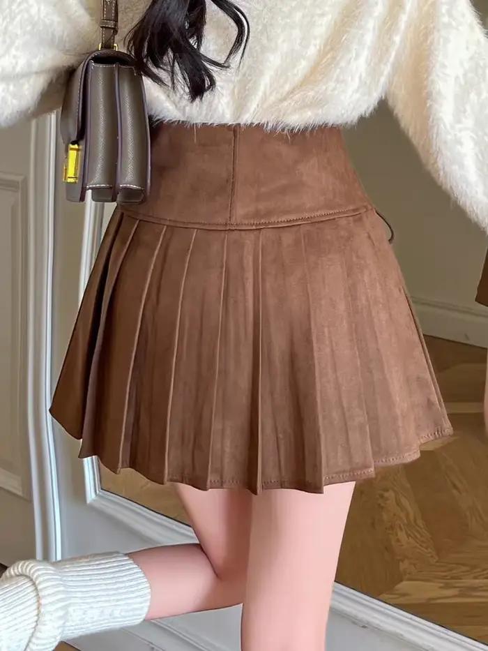 Nouvelle collection de jupes en daim pour femmes, jupes évasées à taille haute plissées, mini-jupes pour l'automne et l'hiver, jupe courte décontractée