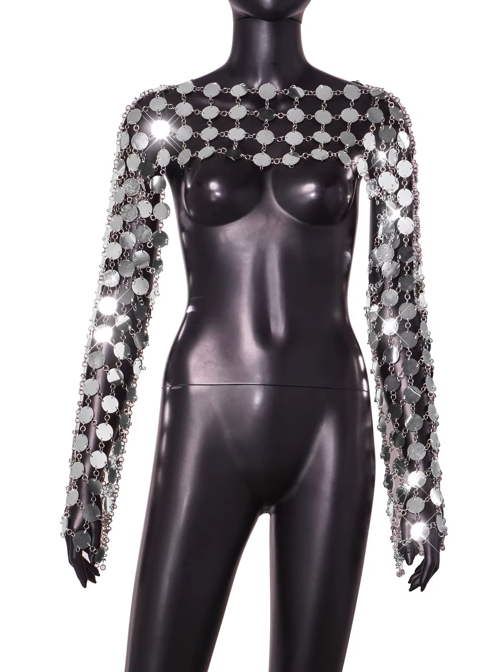 Haut à manches longues avec décor à paillettes pour femmes, haut métallique solide, magnifique festi