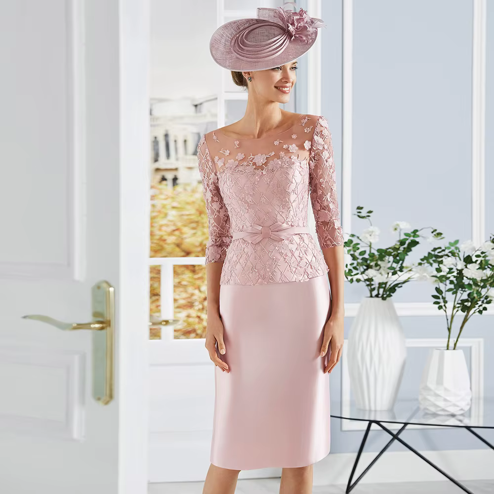 Robe de Soirée Élégante pour Femme, Manches 3/4, Mère de la Mariée, Longueur Genou, Col Rond, Fleur