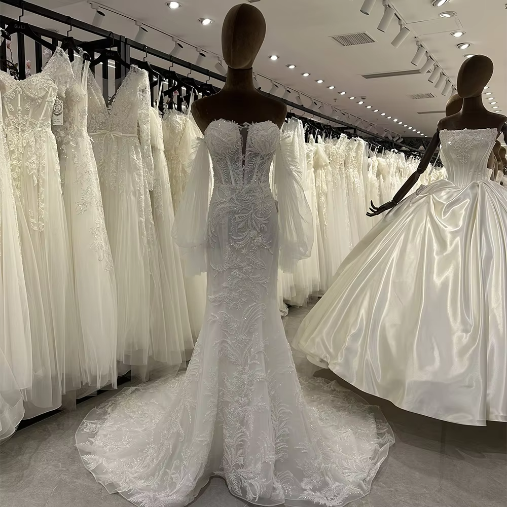 SL-9360 robe de mariée personnalisée 2020 longue sirène tulle boho 2 em 1 dentelle sequin satin manc