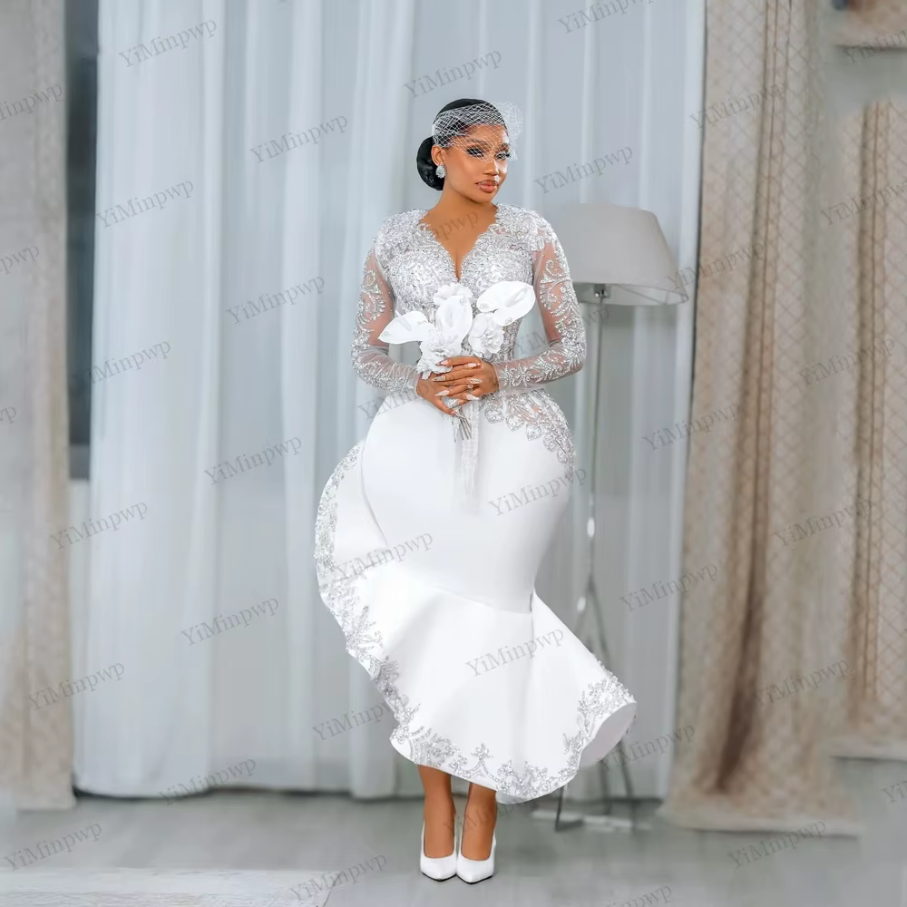 Robes de mariée sirène civiles 2026 pour femmes, manches longues, strass, longueur thé, Aso Ebi, rob
